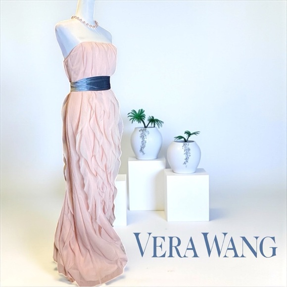 WHITE by VERA WANG Crinkle Chiffon Strapless Blush Gown Sz 6 - Picture 2 of 9